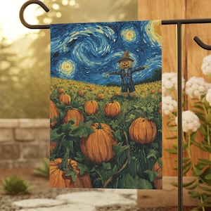 May include: A rectangular garden flag featuring a vibrant artistic print of a scarecrow standing in a pumpkin patch under a swirling blue night sky with yellow stars. The scene depicts orange pumpkins, green vines, and a dark blue starry background.
