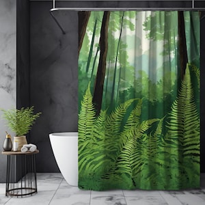 Ferns in Forest Blue Sky Shower Curtain Calming Woods Scene Bathroom Forestcore Decor Nature Lovers Trees Ferns New Home Guest Bathroom Gift