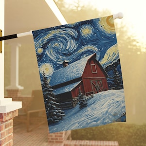 May include: A decorative outdoor flag featuring a red barn under a swirling night sky with stars. The barn is set in a snowy landscape with evergreen trees. The flag is mounted on a white pole.