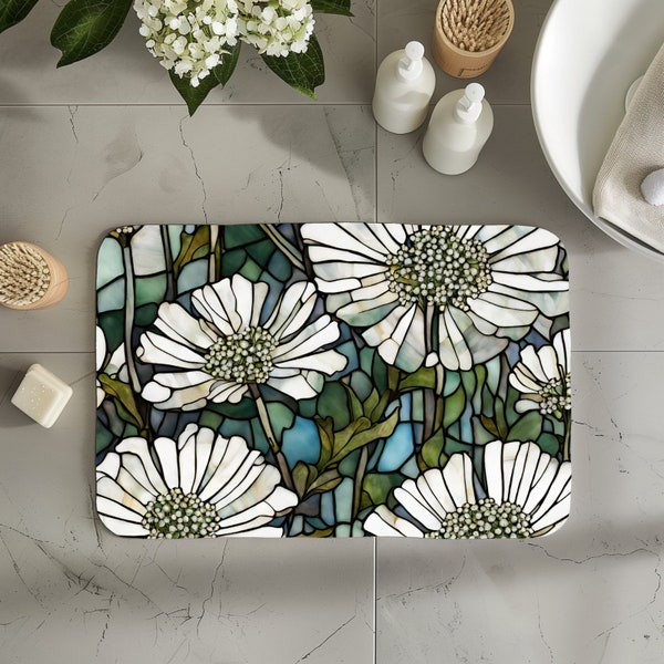 Stained Glass White Wildflowers Bath Mat with anti-slip backing and memory foam, Boho Springtime Floral Guest Bathroom Decor New Home Gift