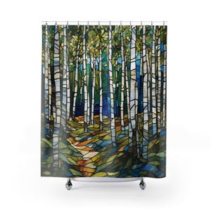 Stained Glass Birch Woods with Blue Shower Curtain, shown fully extended