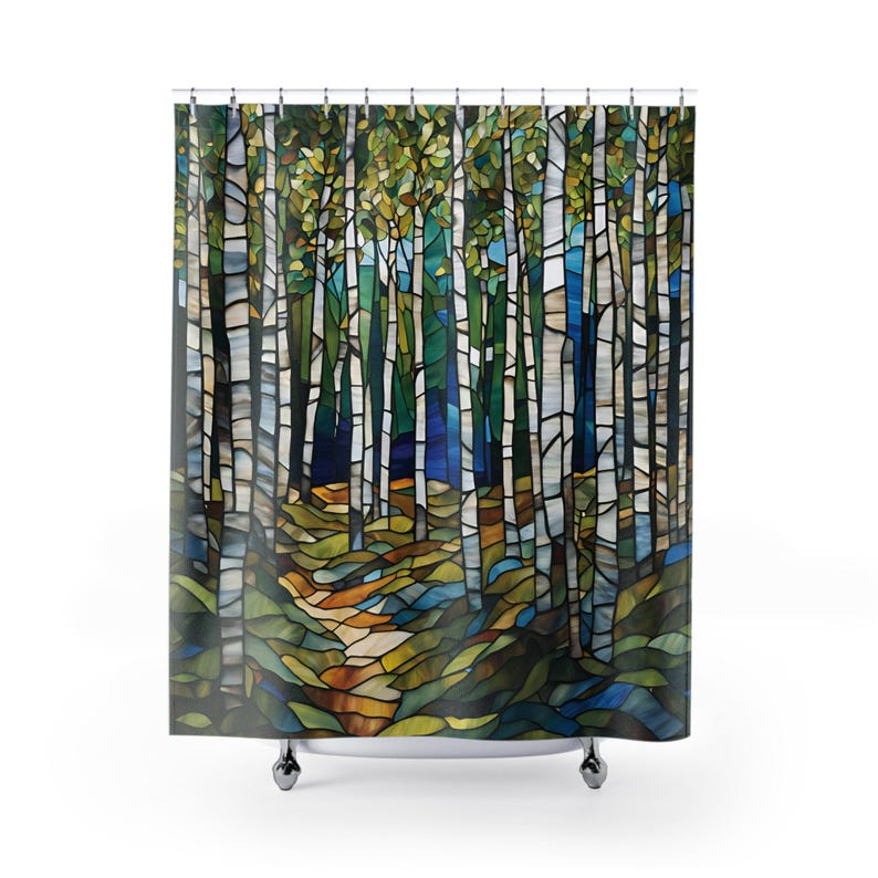 Stained Glass Birch Woods with Blue Shower Curtain, shown fully extended