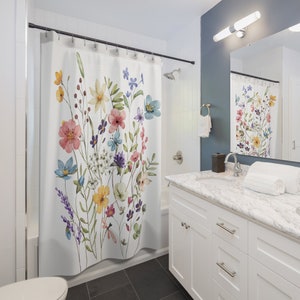 Large Wildflowers on White Shower Curtain Springtime Flower Shower Curtain Wildflower Bathroom Decor Floral New Home Gift Gardener Gift