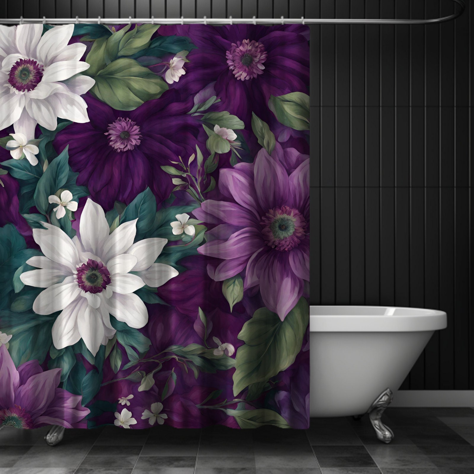 Purple Flowers Shower Curtain Gothic Floral Bathroom Decor Dark