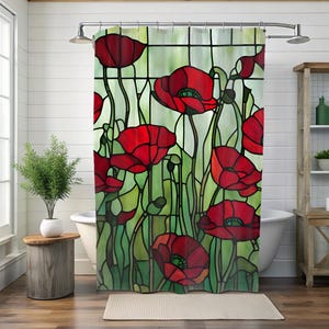 May include: A shower curtain featuring a stained glass pattern of vibrant red poppies with green stems and leaves against a light green background. The design is composed of dark grid lines that outline each floral element and leaf shape.