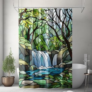 May include: A shower curtain featuring a stained glass style print of a forest waterfall. The design displays shades of green, blue, and brown with dark outlines forming a mosaic pattern of trees, rocks, and flowing water in a natural landscape.