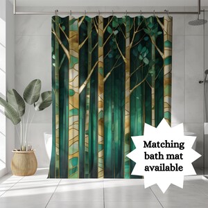Emerald Green Birch Tree Forest Shower Curtain Stained Glass Enchanted Wood Bathroom Decor Gold Art Deco Nature Lover Gift Mystical Trees