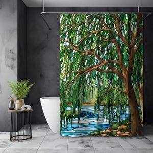 Stained Glass Willow Tree Shower Curtain River Scene Bath Curtain Tranquil Greenery Modern Bathroom Decor Nature Lover New Home Gift