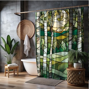 Birch Tree Woods with Sun Shower Curtain Stained Glass Art Deco Forestcore Bath Decor Nature Lovers Aspen Tree Green Forest New Home Gift