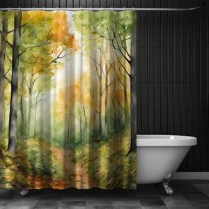 Green Forest Path Shower Curtain Calm Woodland Scene Nature Lover Bathroom Decor Spring Greenery Trees Watercolor Forest New Home Decor Gift