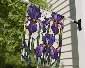 Stained Glass Iris Garden Flag for garden, home, or shop decoration, Outdoor Spring Flower Banner, Iris February Birth Flower Decor Gift