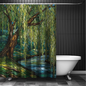 Green Willow Tree Shower Curtain Stained Glass Blue River Scene Botanical Decor Greenery Bathroom Decor Housewarming Gift for Nature Lovers