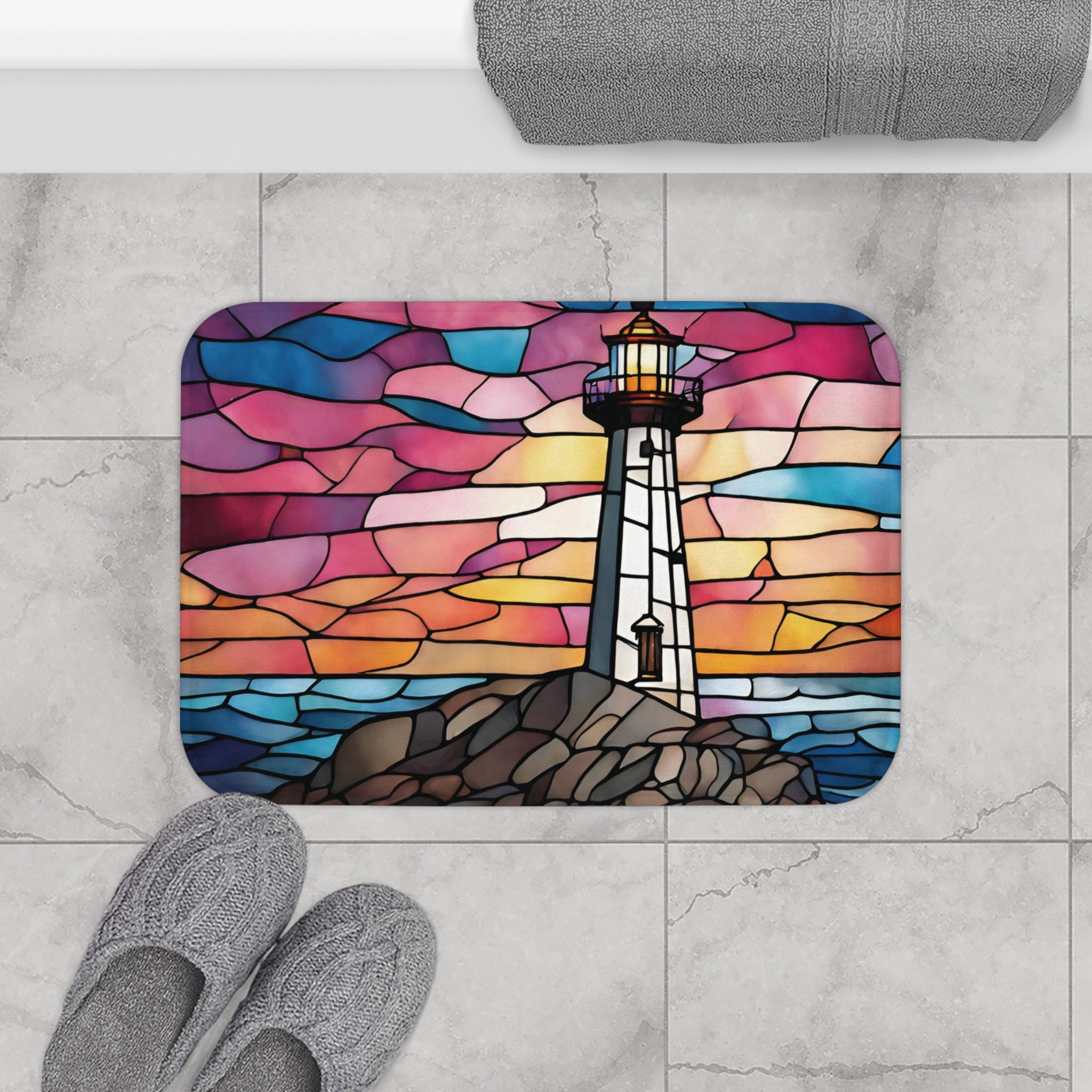Stained Glass Pink Sunset Lighthouse Bath Mat Antislip Memory Foam ...
