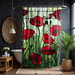 Stained Glass Poppy Shower Curtain Floral Home Bathroom Decor Red Poppies Birth Flower August Wildflower Greenery Bath New Home Decor Gift