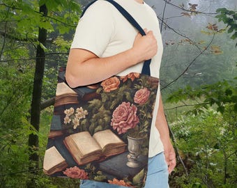Dark Academia Bookish Tote Bag Botanical Book Lover Library Tote Gothic Floral Bag Gift for Reader, Librarian, Student Bookish Fantasy Bag