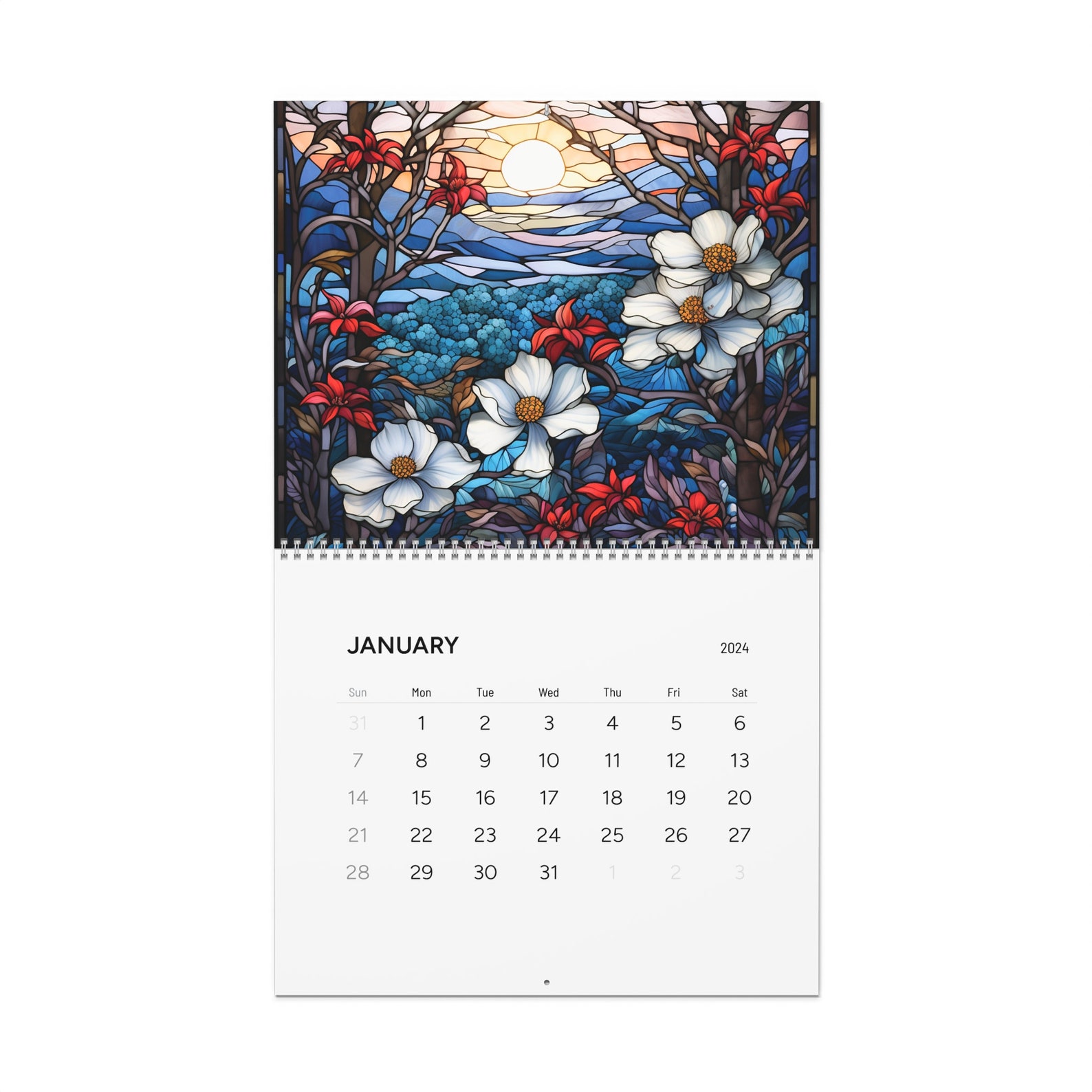 Stained Glass Seasons 2024 Wall Calendars, Glossy Hanging Wall Calendar