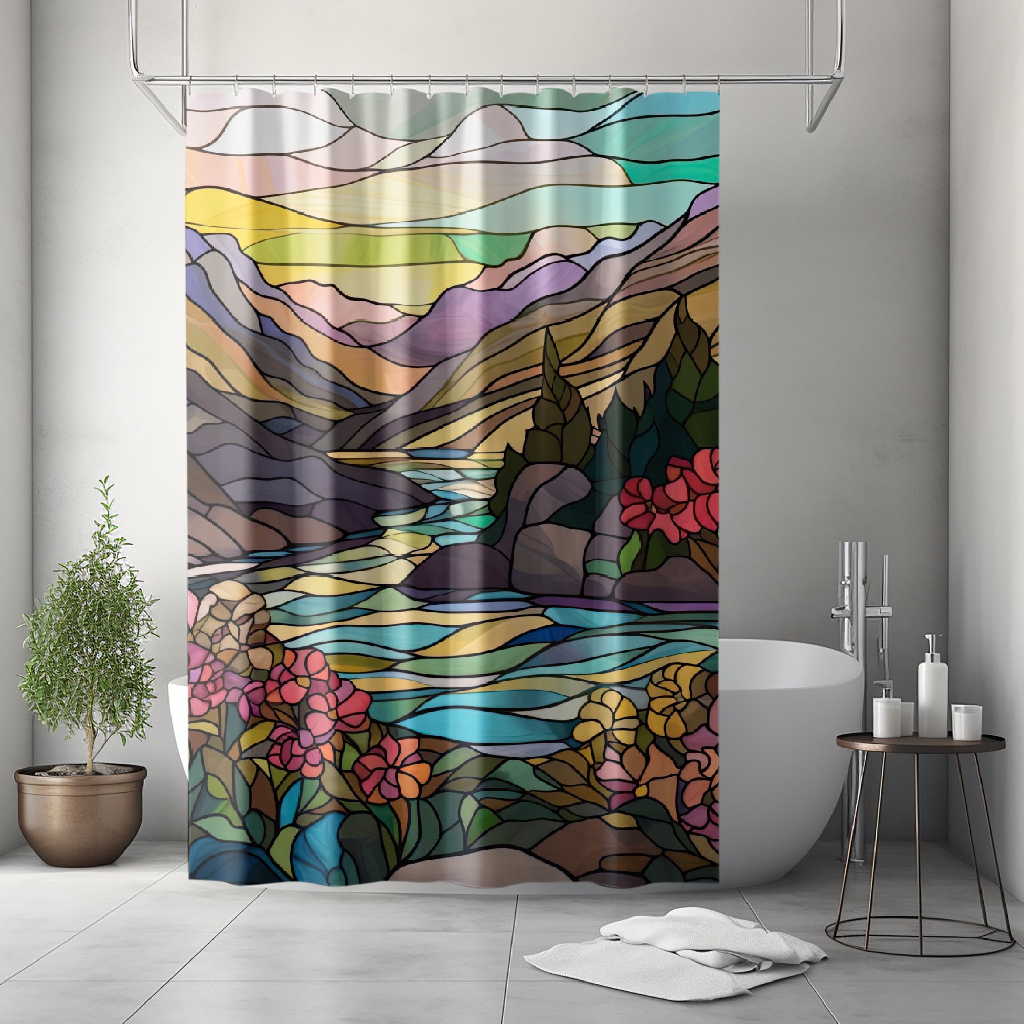 Stained Glass Mountain Scene Shower Curtain Mountain Landscape Shower Curtain Mountain River Shower Curtain Stained Glass Bathroom Decor Etsy