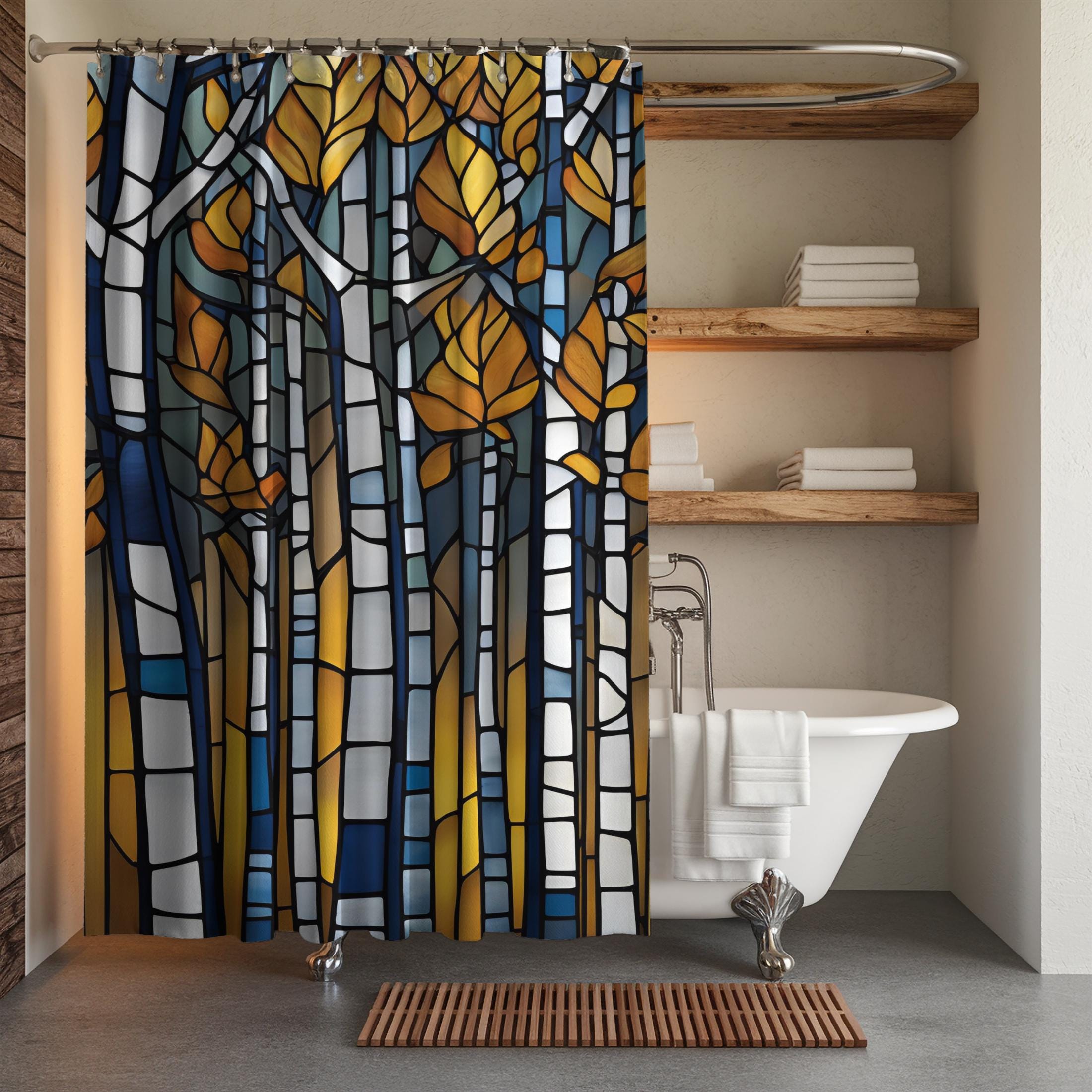 Blue and Amber Aspens Stained Glass Shower Curtain Rustic Forest Bath Decor Autumn Leaves Decor Birch Woods Cabin Decor Nature Lovers Gift
