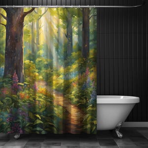 Spring Flowers in Woods Shower Curtain Morning Sun Floral Forest Nature Scene Bath Decor Calming Green Woodland Nature Lover New Home Gift