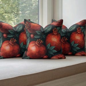 Pomegranate Throw Pillow Faux Suede Gothic Romantasy Square Pillow Botanical Print Cushion Red Fruit Seasonal Couch Pillow Nature Lover Gift