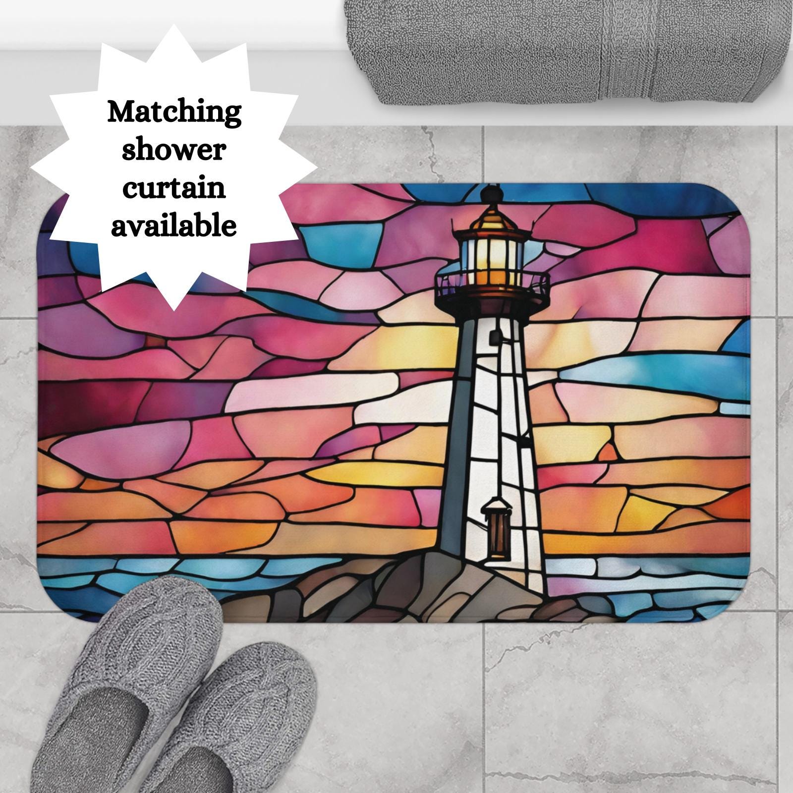Stained Glass Pink Sunset Lighthouse Bath Mat Antislip Memory Foam ...