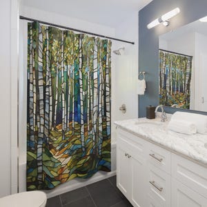 Stained Glass Birch Woods with Blue Shower Curtain