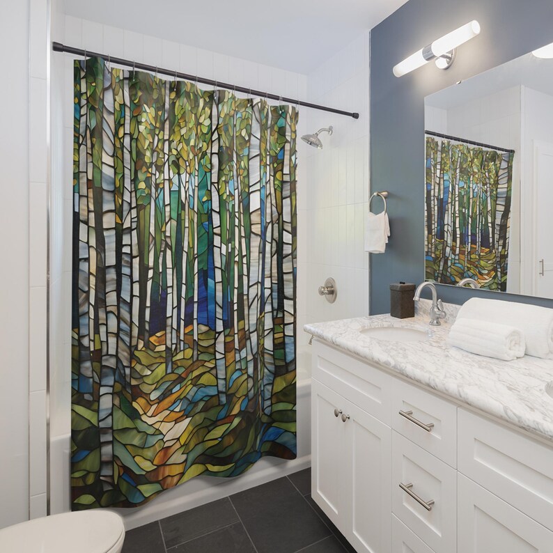 Stained Glass Birch Woods with Blue Shower Curtain