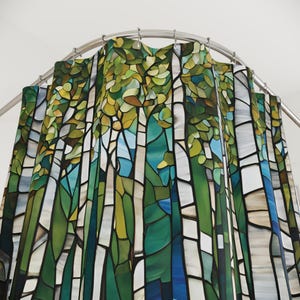 Close-up view of Stained Glass Birch Woods with Blue Shower Curtain