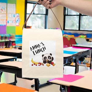 Personalized Panda Lunch Bag with Strap Canvas Reusable School Office Travel Bag Back to School Gift Animal Daycare Lunch Bag Easy Closure
