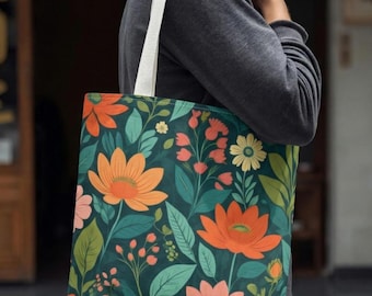 Retro Whimsical Wildflowers Tote Bag Green Meadow Flowers Library Tote Garden-themed Floral Print Bag Nature Lovers Botanical Tote BFF Gift