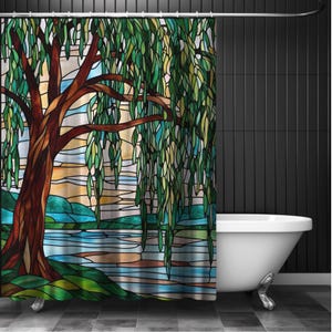 River Scene Willow Tree Shower Curtain Stained Glass Tree Bathroom Decor Nature-Inspired Home Accent Housewarming Gift for Nature Lovers