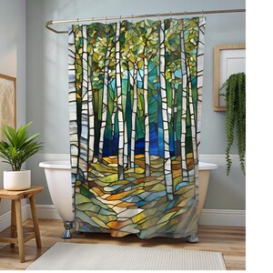 Stained Glass Birch Woods with Blue Shower Curtain