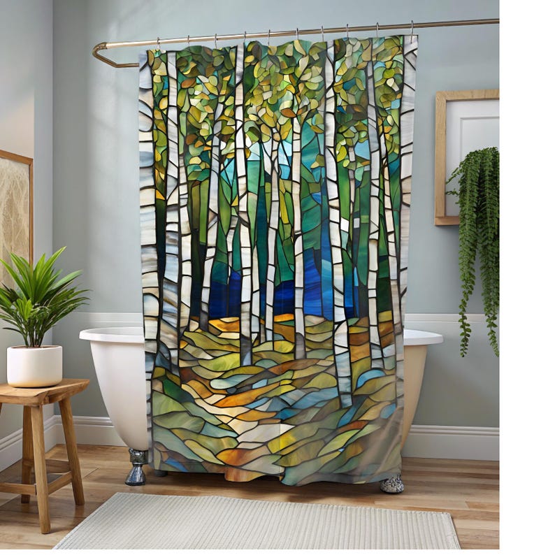 Stained Glass Birch Woods with Blue Shower Curtain