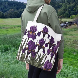 Simple Iris Tote Bag Purple Flower Reuseable Everyday Tote Artsy Botanical Tote February Birth Flower Bag Nature Lovers Market Bag BFF Gift