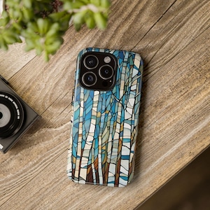 Blue Stained Glass Birch Trees Phone Case Aspen Woodland Tough Case Whimsical Forest Cover for iPhone, Samsung Galaxy Gift for Nature Lovers