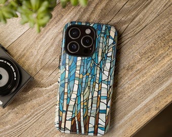 Blue Stained Glass Birch Trees Phone Case Aspen Woodland Tough Case Whimsical Forest Cover for iPhone, Samsung Galaxy Gift for Nature Lovers