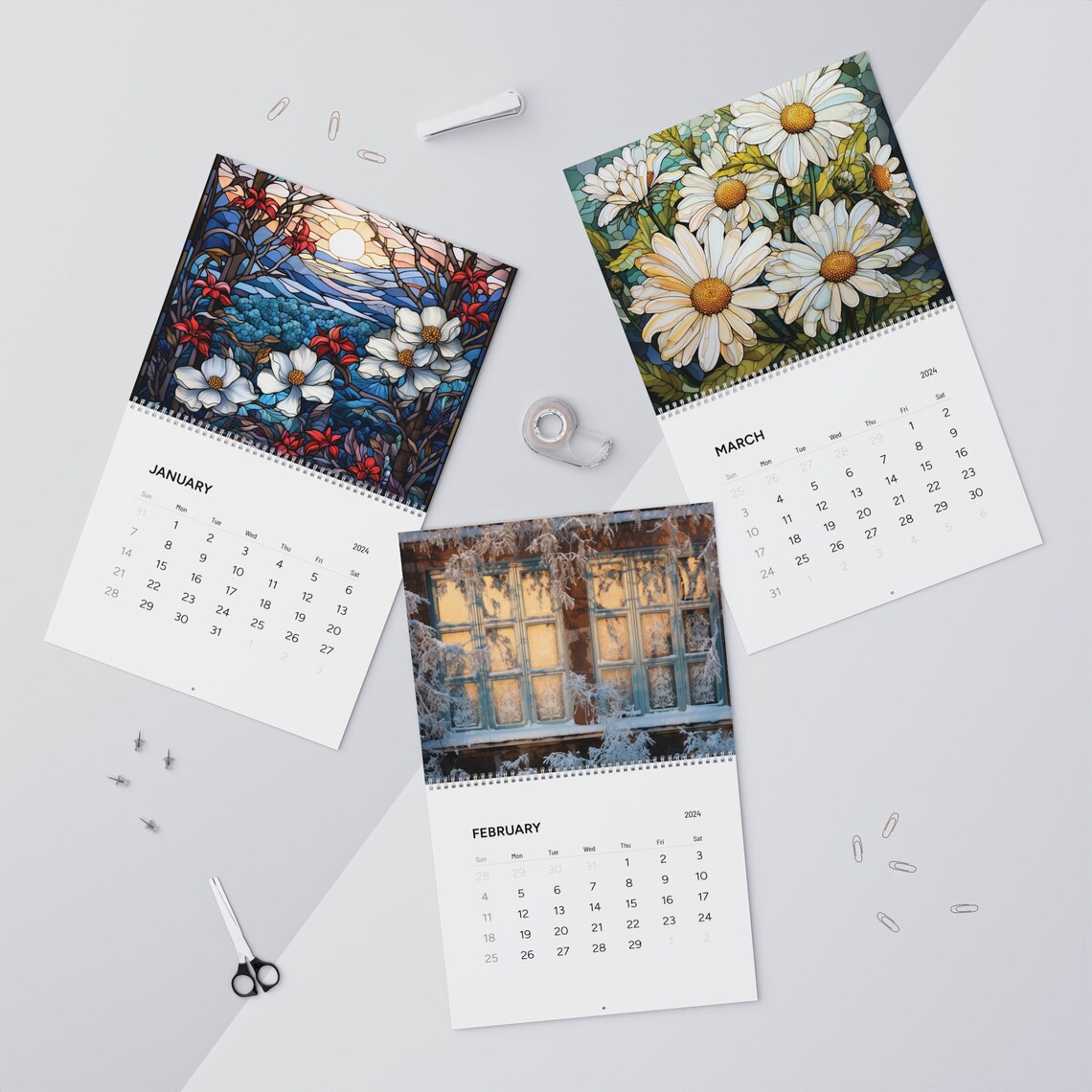 Stained Glass Seasons 2024 Wall Calendars, Glossy Hanging Wall Calendar