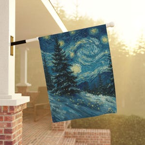 May include: A rectangular outdoor flag featuring a print of Vincent van Gogh's "The Starry Night." The artwork depicts a swirling night sky with stars, a crescent moon, and dark trees in a landscape. The flag is mounted on a white pole.