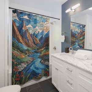 Stained Glass River Mountain Scene Shower Curtain Wildflower Landscape River Nature Lover Bathroom Decor Stained Glass Home Art Lover Gift