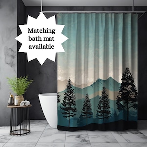 Serene Blue Mountain Scene Shower Curtain Rustic Nature-Inspired Bathroom Decor Minimalist Pine Tree Landscape Home Decor Nature Lover Gift