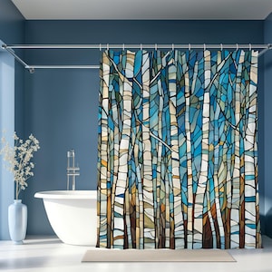 Blue Stained Glass Birch Forest Shower Curtain Modern Art Deco Aspen Trees Bathroom Decor Serene Blue Sky Nature Scene Gift for Nature Lover