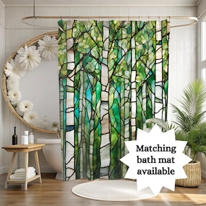Stained Glass Birch Trees Shower Curtain Modern Art Deco Forest Scenery Bathroom Botanical Decor for Nature Lovers New and Guest Home Gift