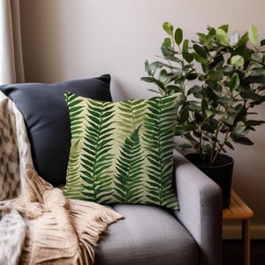 Simple Ferns Square Pillow Green Botanicals on Beige Spun Polyester Throw Pillow Forestcore Home Decor Gift Nature Lovers Green Plant Pillow
