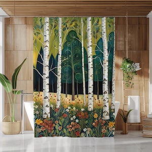 Folk Art Birch Forest Shower Curtain Botanical Art Deco Bath Decor Whimsical Woodland Maximalist Decor Nature Lover Gift Rustic Cabin Decor