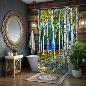 Stained Glass Birch Woods with Blue Shower Curtain