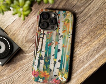 Spring Floral Birch Forest Phone Case Colorful Woodland Tough Case Nature Lover Gift Aspen Tree Wood Case Matte/Glossy iPhone Samsung Galaxy