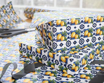 Lemon Tile Wrapping Paper Blue Mediterranean Gift Wrap Yellow Citrus Fruit Birthday Present Packaging Nature Lover Summery Botanical Roll