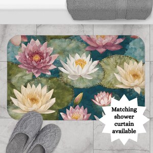 Water Lily Bath Mat Memory Foam Quickdrying Floral Collage Blue Bathroom Decor Pink and White Flowers Indoor Mat Birth Flower New Home Gift