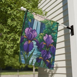May include: A garden flag with a stained glass design featuring a waterfall and three purple irises.