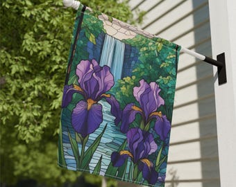 May include: A garden flag with a stained glass design featuring a waterfall and three purple irises.